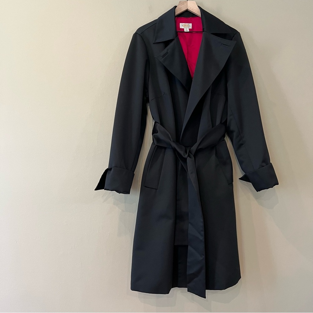 Talbots Satin Full Length Trench Coat French Cuffs Wide Belt XL Black Lined